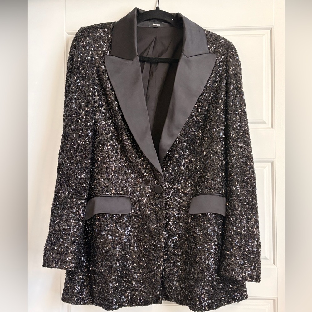 Express Glittering Black Blazer with Satin Lapels